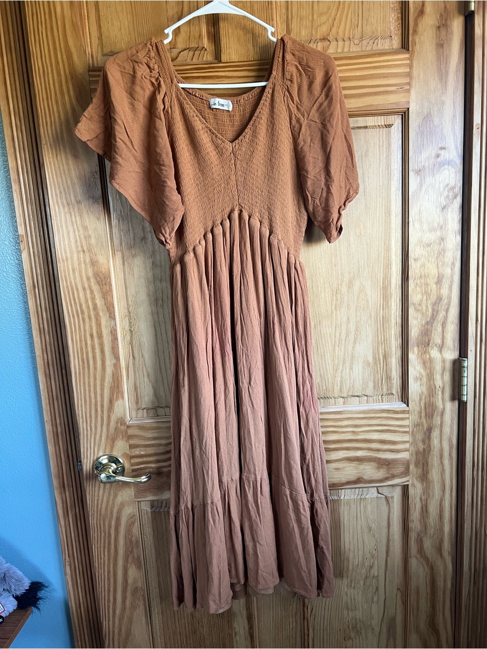 Smocked V-Neck Midi Dress in Rust by In Bloom